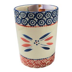 NEW Temptations Utensil Holder Crock Old World Blue Hand Painted Brochure